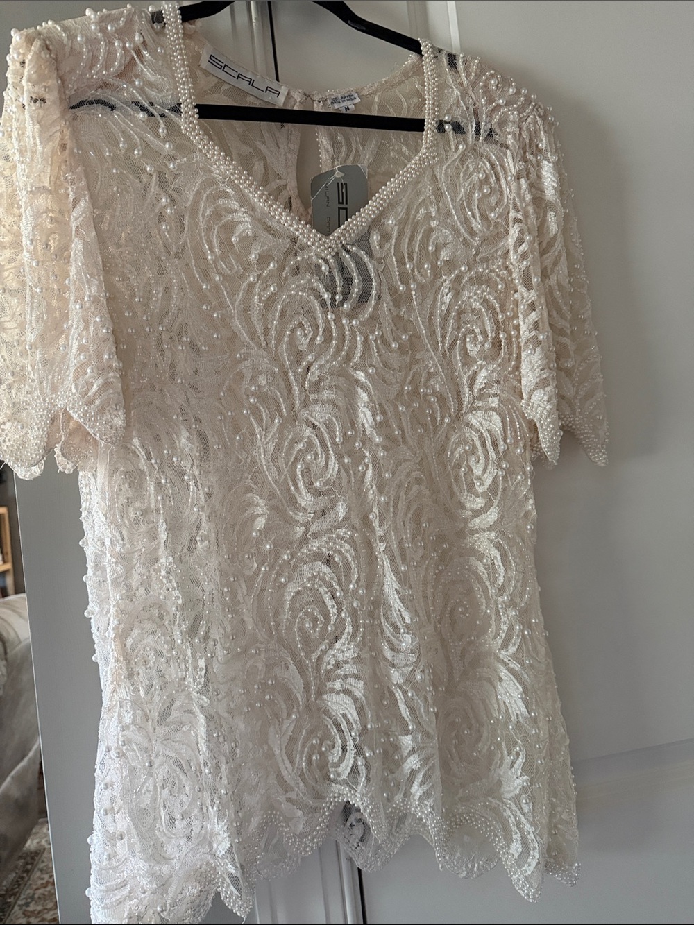 Scala Ivory Beaded Sequin V-Neck Blouse